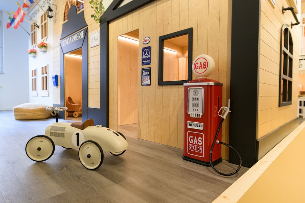 PimPam indoor playground, gas pump and ride-on car
